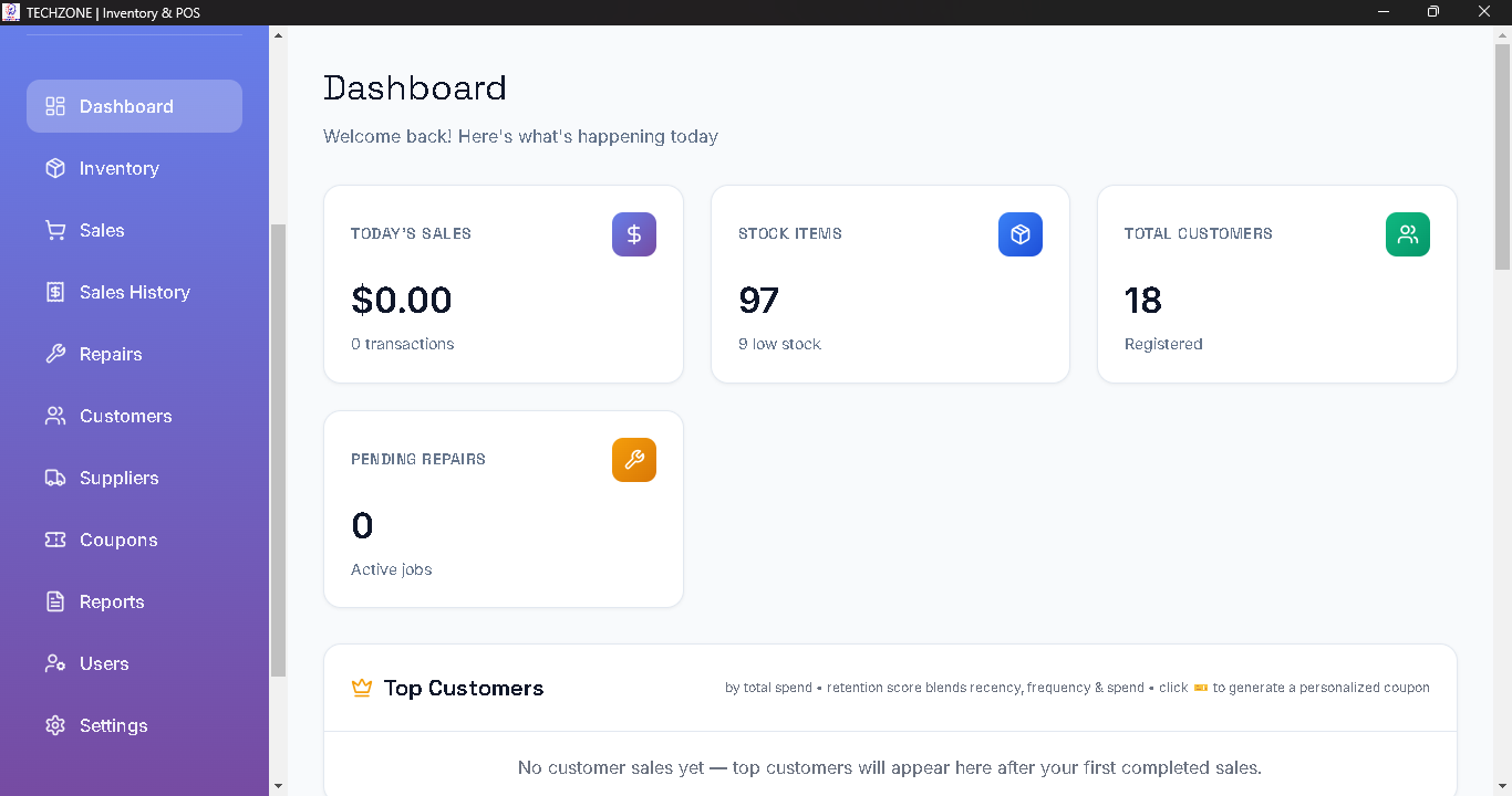 TechZone POS app open on the dashboard screen